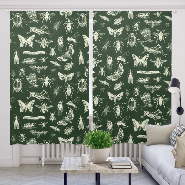 Scientific Antique Bugs Insects Cream and Green Blackout Curtains (Living Room)