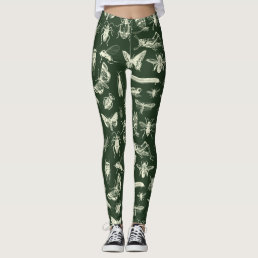 Scientific Antique Bugs Insects Cream and Green Leggings