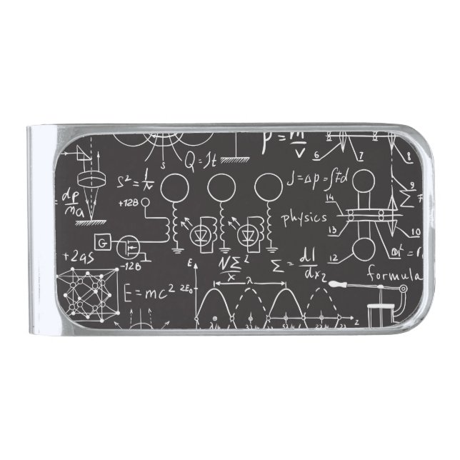 Scientific Formulas: Chalkboard Calculations Patte Silver Finish Money Clip (Front)