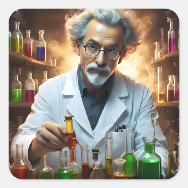 Scientist In A Laboratory Mixing Potions, Square Sticker (Front)