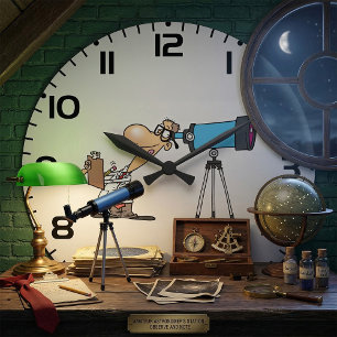 Scientist with Telescope Astronomy Science Humor  Large Clock