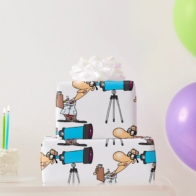 Scientist with Telescope Astronomy Science Humor  Wrapping Paper (Creator Uploaded)