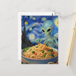 Scifi Blue Alien Eating Noodles Veggies Van Gogh Postcard