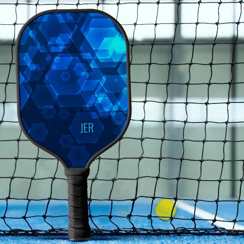 Scifi Cool Hexagon Abstract Monogrammed Blue Tech Pickleball Paddle