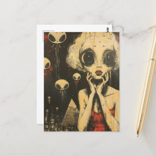 Scifi Fantasy Aliens and Woman in Red Dress  Postcard