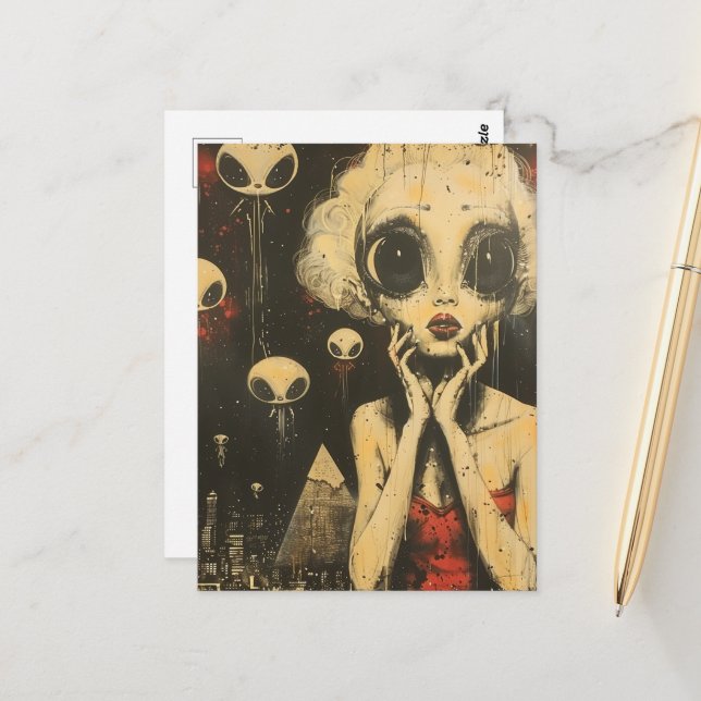 Scifi Fantasy Aliens and Woman in Red Dress  Postcard (Front/Back In Situ)
