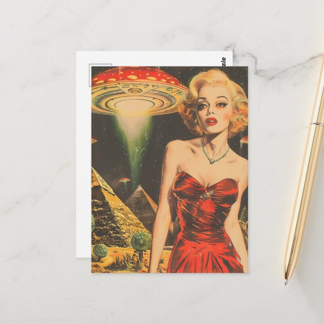 Scifi Fantasy Aliens Blond Woman in Red Dress  Postcard (Front/Back In Situ)