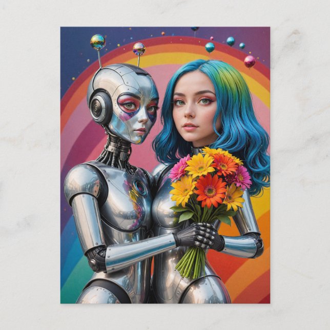 SciFi Female Robots in Love Postcard (Front)