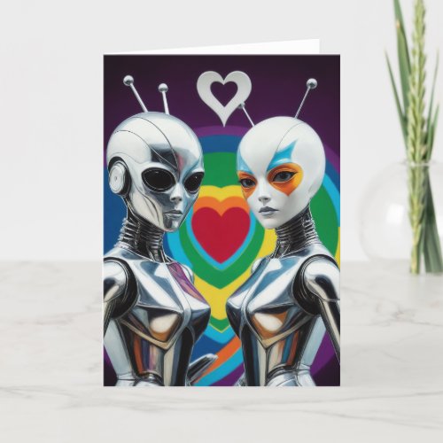 SciFi Female Robots in Love Rainbow Heart Card