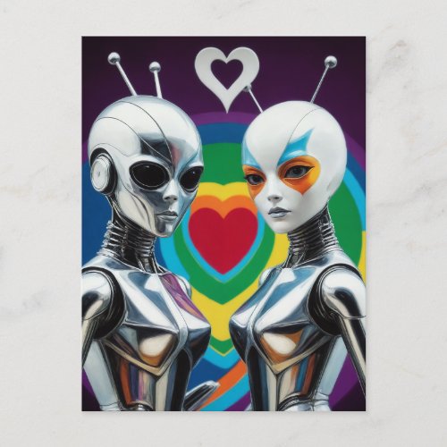 SciFi Female Robots in Love Rainbow Heart Postcard