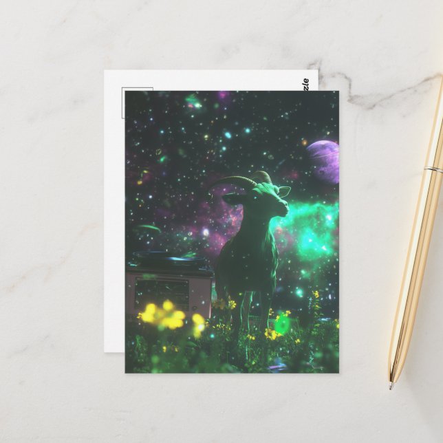 Scifi Goat in Space with Flowers Fantasy Postcard (Front/Back In Situ)