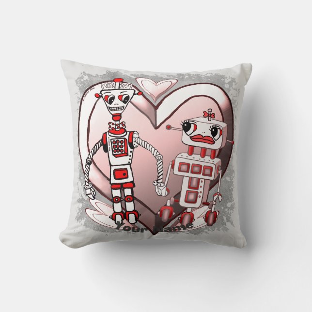 Scifi robots in love throw pillow (Front)