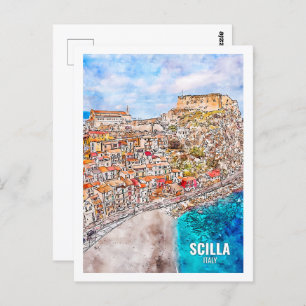 Scilla Italy Famous Travel Place Watercolor Sketch Postcard