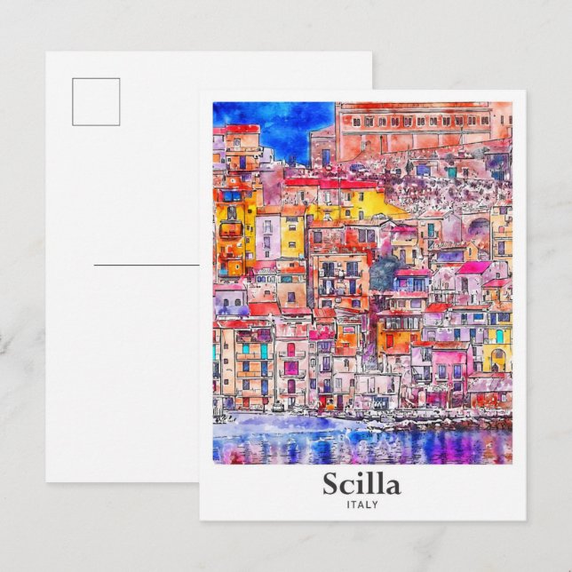 Scilla Italy Travel Watercolor Hand Drawn Postcard (Front/Back)
