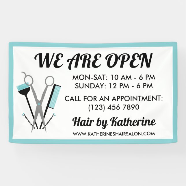 Scissor & Comb Teal Hair Stylist Open Banner (Horizontal)