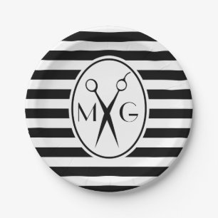 Scissor Monogram Initials Hair Stylist Barber Shop Paper Plates