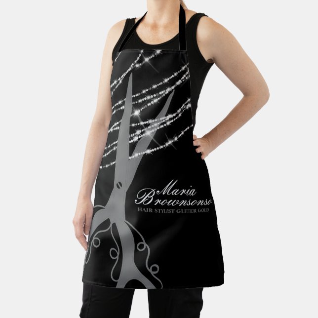 Scissor swirl cutting hair silver Glitter black Apron (Insitu)
