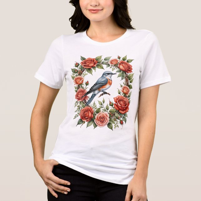 Scissor Tailed Flycatcher Surrounded By Red Roses Tri-Blend Shirt (Front)