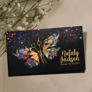 Scissors and Butterfly - gold and color splatter Business Card