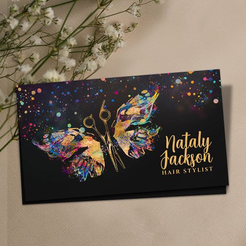 Scissors and Butterfly _ gold and color splatter Business Card