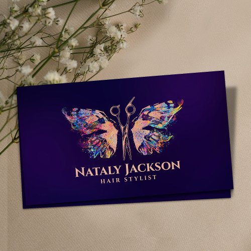 Scissors and Butterfly Rose Gold and Color Business Card