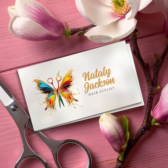 Scissors and Butterfly Watercolor and Gold Business Card (Creator Uploaded)
