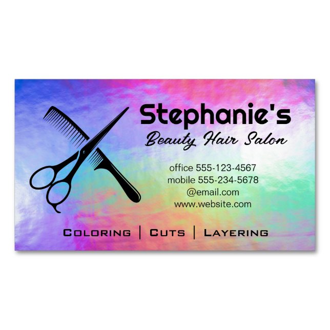 Scissors and Comb | Rainbow Iridescent Background Business Card Magnet (Front)