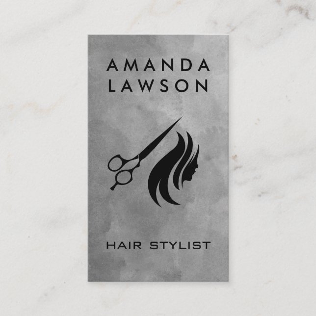 Scissors and Hair Logo | Gray Watercolor Business Card (Front)