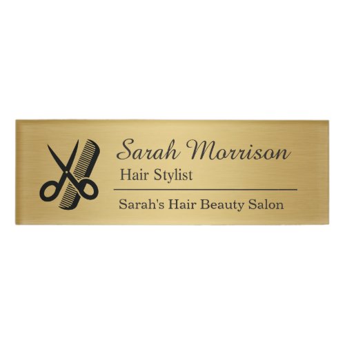 Scissors Comb Hair Stylist Salon Brushed Gold Name Tag