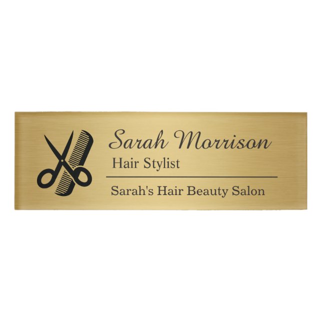 Scissors Comb Hair Stylist Salon Brushed Gold Name Tag (Front)