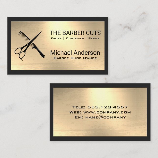 Scissors Comb Logo | Gold Metallic Background Business Card (Front/Back)
