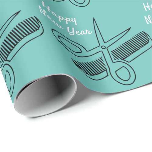 Scissors Comb Patterns Beach Teal Happy New Year Wrapping Paper