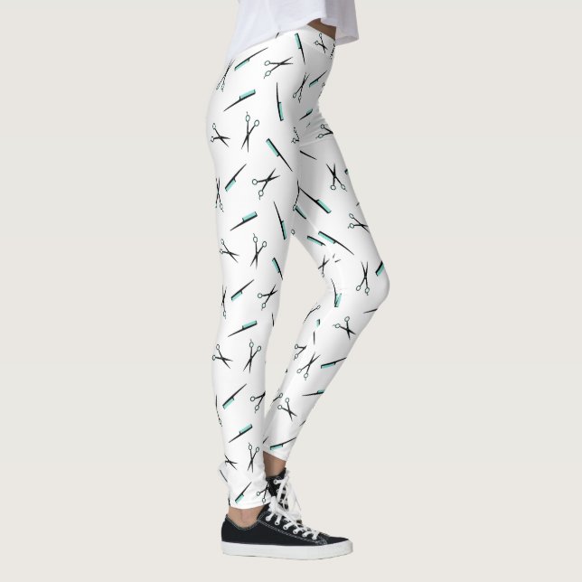 Scissors & Combs Pattern - White Black Turquoise Leggings (Right)