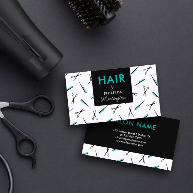 Scissors & Combs - Turquoise Black Hair Stylist Business Card (Creator Uploaded)