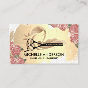 Scissors Gold Brushed Flowers Hair Logo Appointment Card
