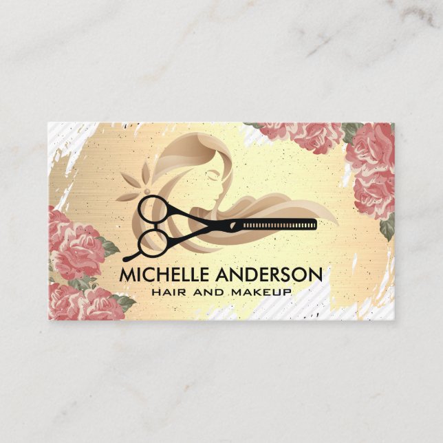 Scissors | Gold Brushed | Flowers | Hair Logo Appointment Card (Front)