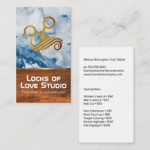 Scissors Hair Logo Blue Marble Wood Appointment Card