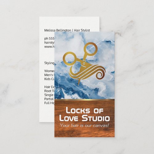 Scissors Hair Logo  Blue Marble  Wood Appointment Card