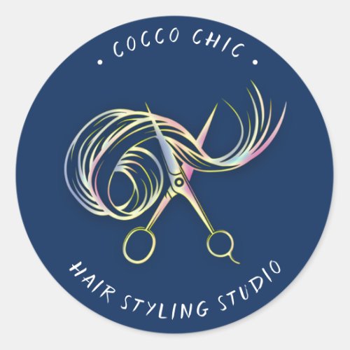 Scissors Hair Logo Name Thank You Blue Navy Custom Classic Round Sticker