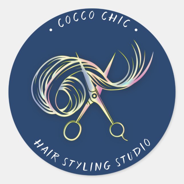 Scissors Hair Logo Name Thank You Blue Navy Custom Classic Round Sticker (Front)