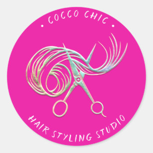 Scissors Hair Logo Name Thank You Holograph Pinky Classic Round Sticker