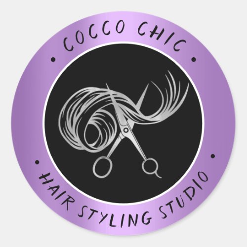 Scissors Hair Logo Name Thank You Silver Purple Classic Round Sticker