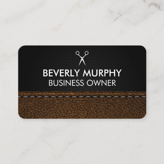 Scissors Logo | Brown Stitched Leather Appointment Card (Front)
