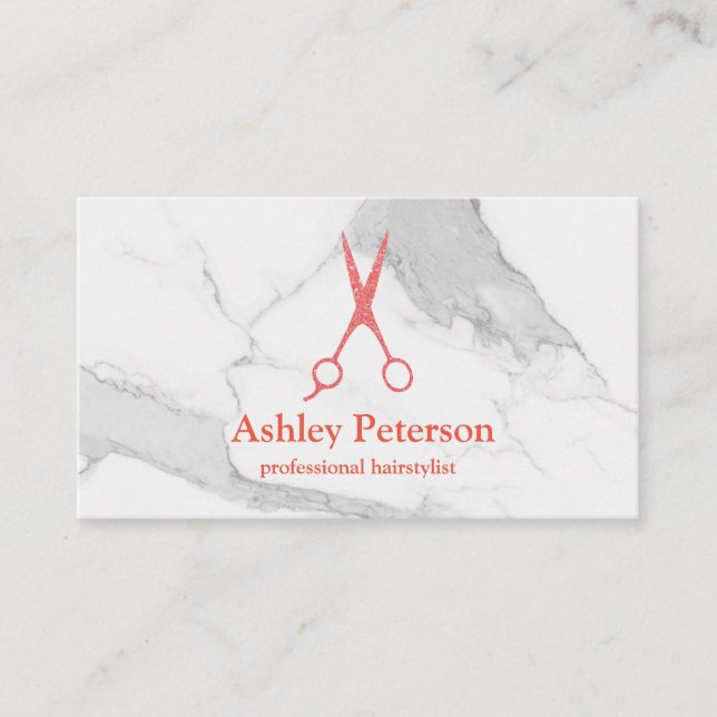 Scissors Logo Hairstylist Marble & Rose Gold Business Card (Front)