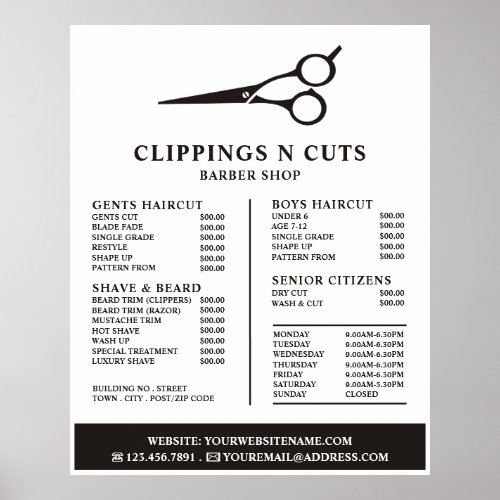 Scissors Logo Mens Barbers Price List Poster