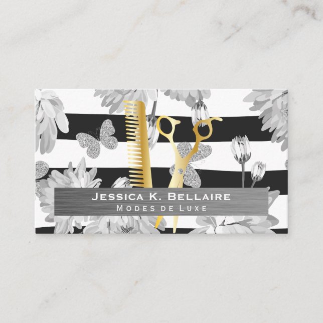 Scissors | Metal Brushed | Flowers Butterflies Appointment Card (Front)