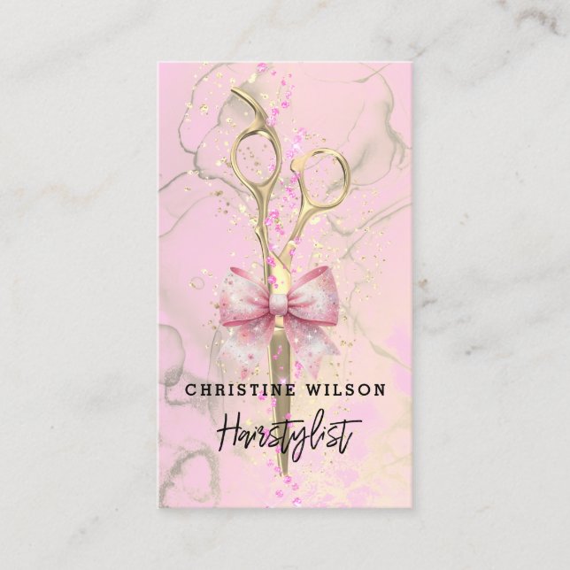 scissors pink bow ink splashes business card (Front)
