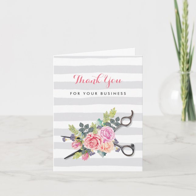 Scissors Stripes Pink Floral Hair Salon Thank You Card (Front)