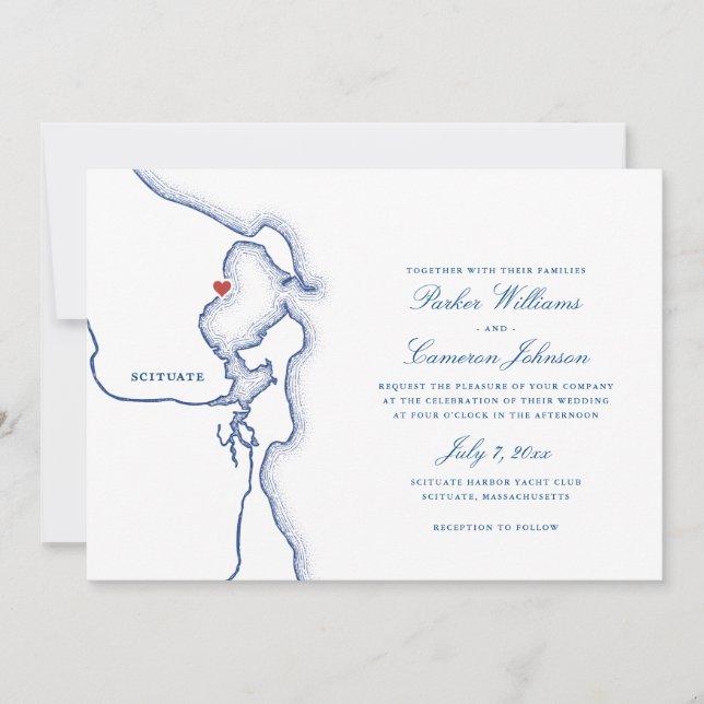 Scituate Harbor MA Map Elegant Navy Blue Wedding Invitation (Front)