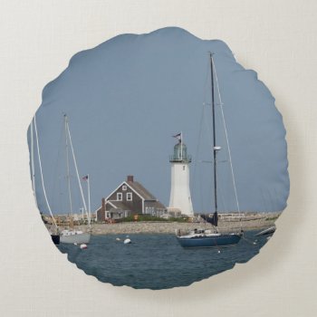 Scituate Lighthouse Flowers Round Pillow by lighthouseenthusiast at Zazzle